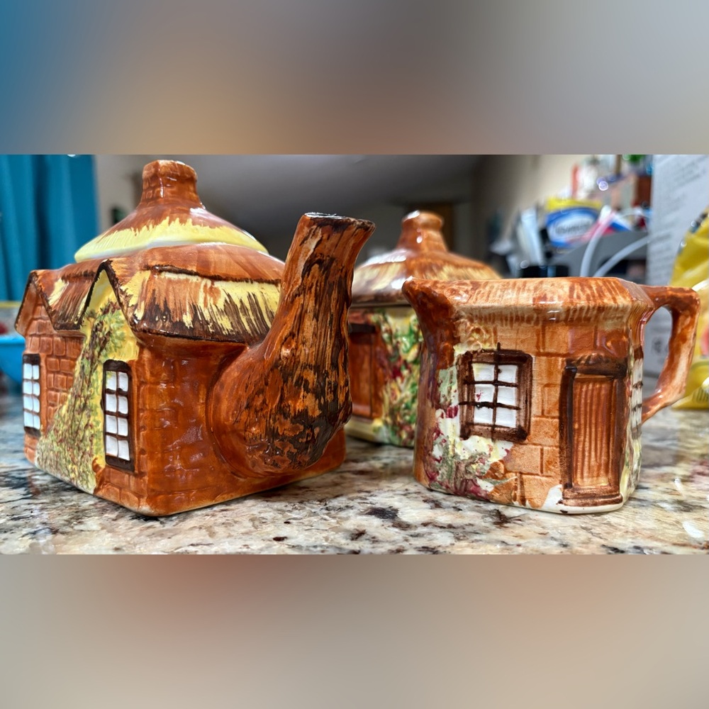 Vintage Price Kensington “Ye Olde Cottage” Teapot, Creamer, Sugar Set